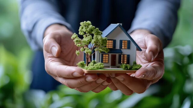Hands holding small house model real estate investment property insurance concept