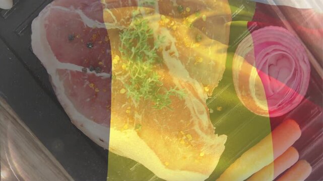 Tricolor overlay starting, warping and tinting raw meat while camera tilting and tightening
