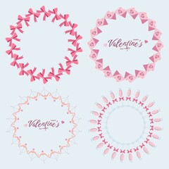Set of four circular Valentine s wreaths featuring bows, envelopes with heart seals, connected hearts with bows, and champagne glasses, with festive HAPPY Valentine s DAY text inside