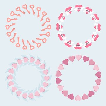 Set of four circular Valentine s wreaths featuring keys with heart handles, hearts with LOVE banners, winged hearts, and pink-purple heart rings on pastel background