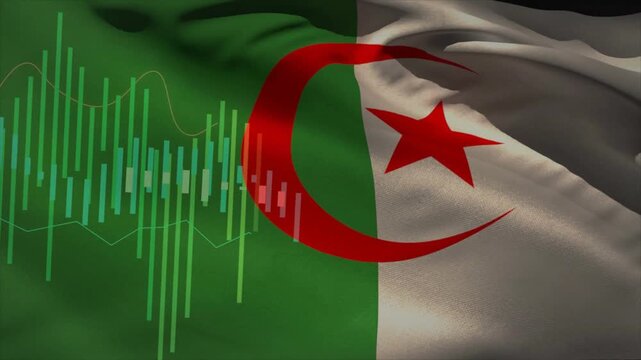 On audio beat Algerian flag rippling while visualizer bars sweeping center to visualize sound
