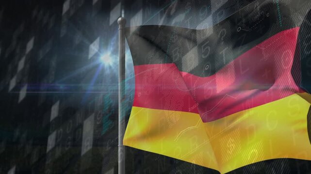 Lens flare appearing left, German flag waving and folding, digital overlays shifting, showing loop
