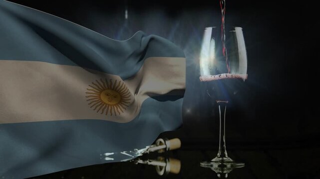 Argentina flag rippling while red wine pouring into glass, showcasing light and bubbles forming