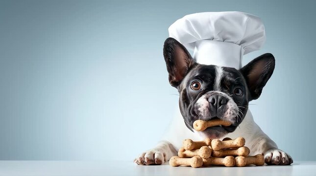 A French bulldog wearing a chef's hat eats dog treats stacked in front of it