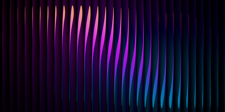 Neon gradient glass form with ribbed abstract 3d silhouette on black background. Minimalist holographic crystal shield with mirror shine, purple pink highlights and flowing lines