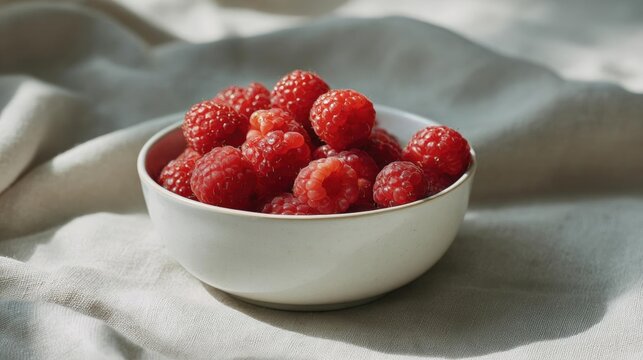 Small white bowl filled with fresh raspberries. the bowl is placed on a light grey fabric with a subtle texture. the rasberries are bright red in color and appear to be ripe and juicy.