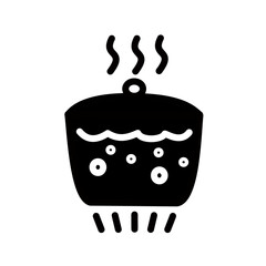  Boiling water in pan icon. Saucepan with lid and boiling water on gas burner symbol. Vector graphic, not Artificial Intelligence, logo illustration. Replaceable vector design.