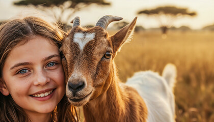 Girl playing with goat in safari park symbolizing friendship and harmony with nature
