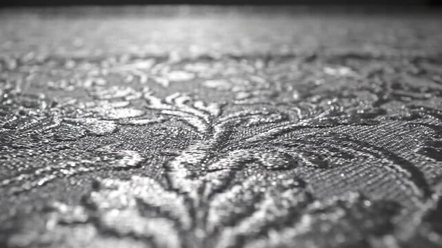 Detailed close-up of elegant fabric with intricate floral pattern