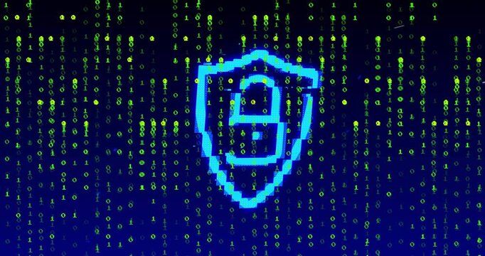 Dim shield outline appearing, blue pixel shield growing, binary rain rising, showing data security