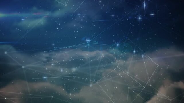 Aurora glinting, polygon lines tracing star nodes, clouds drifting, camera panning, showing depth