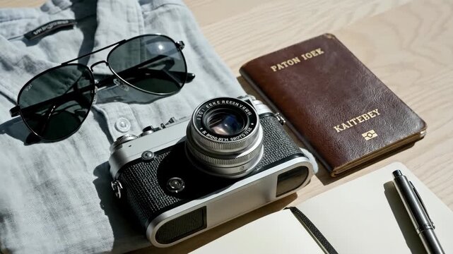 Travel essentials laid out for a vacation adventure.
