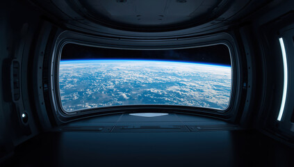 Fototapeta premium Space station window ocean cloud horizon view with calm awe