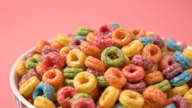 Colorful cereal rings overflowing from a bowl, viewed closely against a vibrant pink background