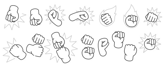 Set of fist and punch icons in various angles motion effects hit impact power fight actions vector line art illustration © SriWidiawati