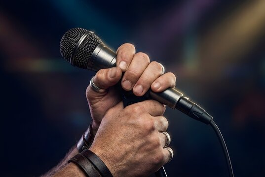 Macro Close-up of Musician's Hands Holding Microphone on Concert Stage, Rock Singer Performance, Premium Commercial Music Stock Photo with Copy Space