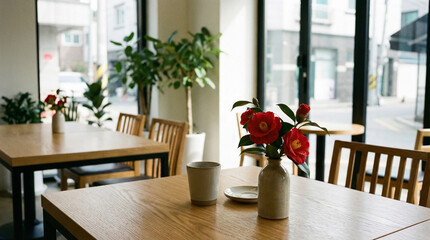 Red Camellia Flowers In Cafe Table Setting