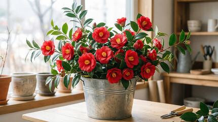 Red Camellia Flowers In Metal Pot On Wooden Table By Window