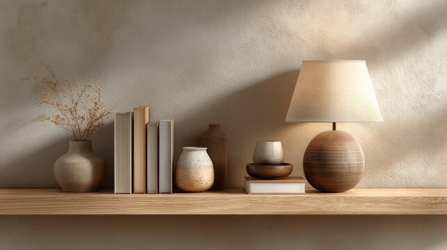 Modern home interior with a floating wooden shelf holding a lamp, books, and decorative objects against a brown wall, warm ambient lighting, photorealistic 3D render.