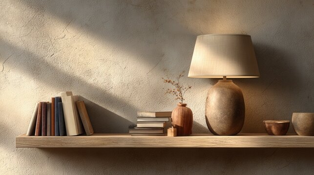 Modern home interior with a floating wooden shelf holding a lamp, books, and decorative objects against a brown wall, warm ambient lighting, photorealistic 3D render.