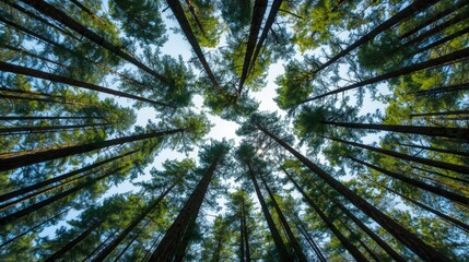 A serene forest scene with towering trees reaching up towards the sky.