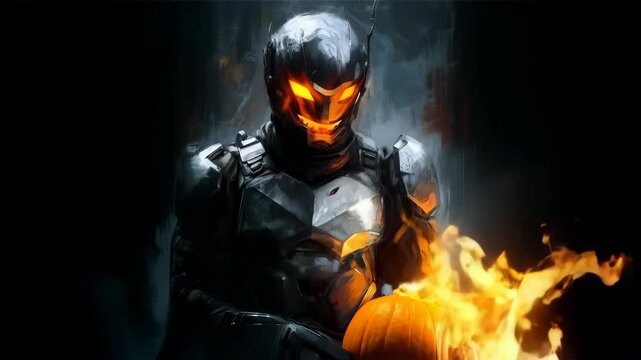 Ominous dark knight warrior with glowing orange eyes holds a spooky jack-o-lantern, evoking a sense of mystery and eeriness, perfect for Halloween or dark fantasy themes