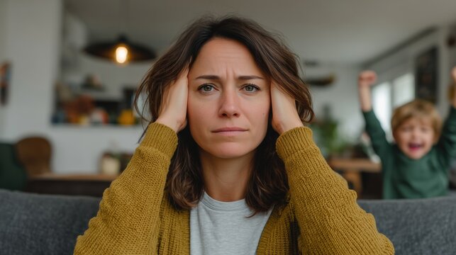 Stressed and exhausted mother sitting in modern living room with head in hands while energetic child plays and shouts in background. Parenting burnout, mental health strain and family stress concept