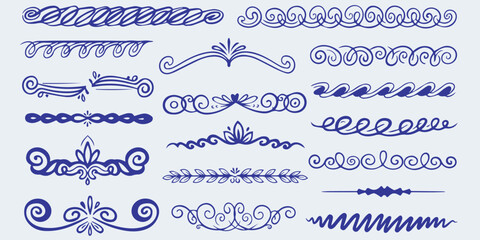 Obraz premium Hand drawn blue decorative border dividers and wave ornaments eps 10