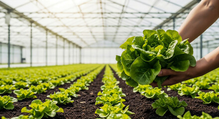 Freshly planted rows of lettuce in greenhouse symbolizing organic farming and healthy food production