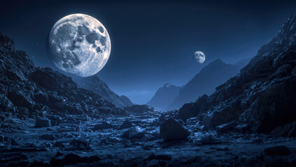 Moonlit rocky valley with two large moons and distant mountain silhouettes, serene and eerie