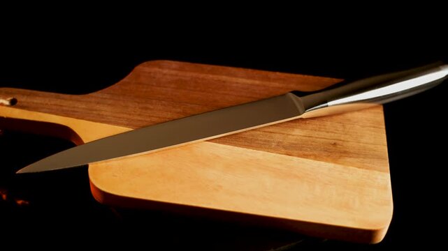 Sharp knife rests on wooden cutting board in kitchen for food preparation tasks