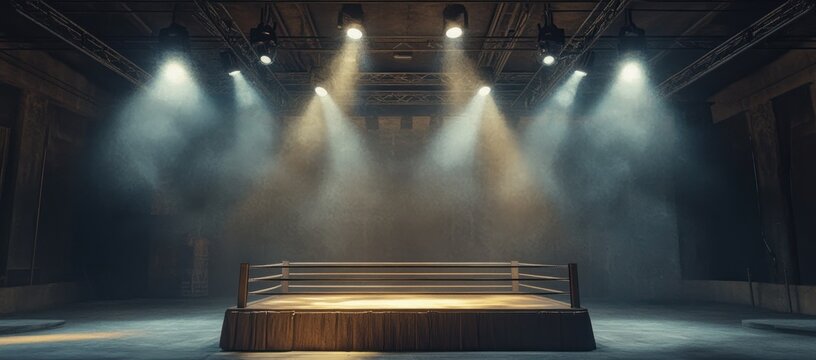 Dramatic boxing arena under spotlights, ready for an intense combat performance