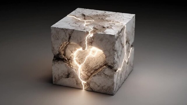 A cube of weathered stone, fractured, revealing inner light.