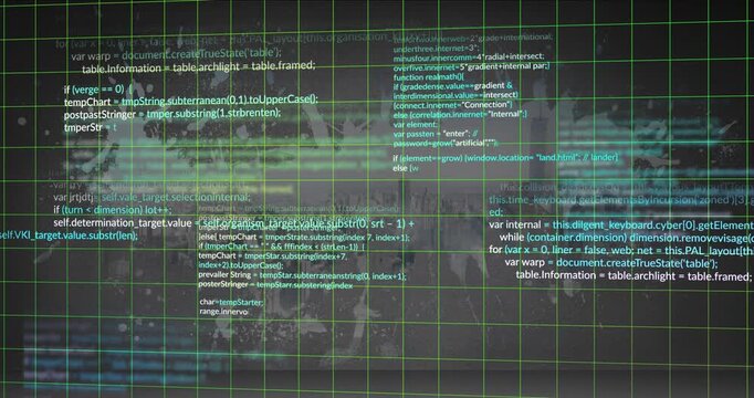 Green grid framing code clusters, initial teal glow starting scanline, stacking blocks, showing HUD