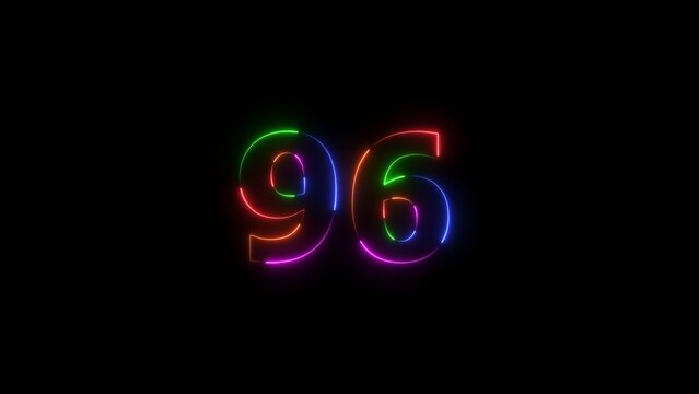 Glowing neon 96 number illustration. countdown 96 number neon text black background illustration.