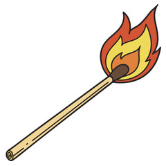 A lit matchstick. It shows a wooden stick with a brown tip, ignited into a vivid flame of red, orange, and yellow, symbolizing fire, ignition, or the start of something.