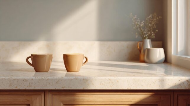 Kitchen countertop with two beige mugs on it. the countertop is made of a light-colored marble with a speckled pattern. the mugs are empty and are placed side by side on the countertop.