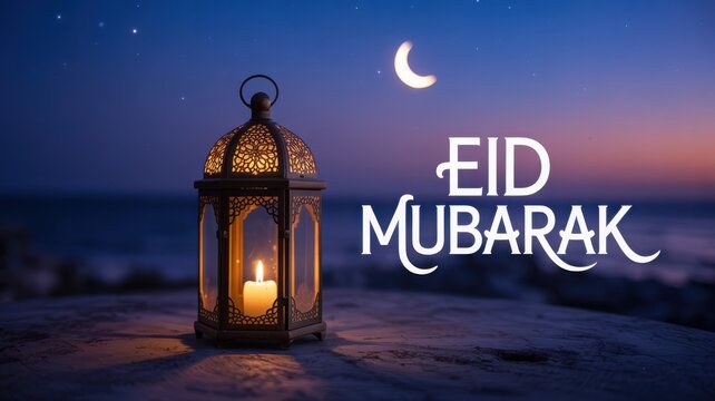 A lantern on the beach with the words eid mubarak