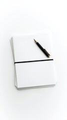 A neatly bound stack of white paper with a black pen resting on top.