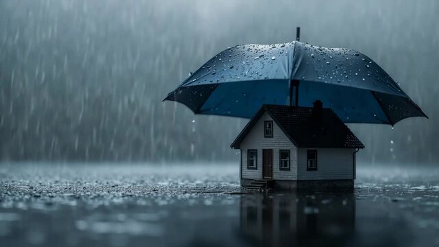 Small house model under open umbrella in heavy rain with water surface reflection