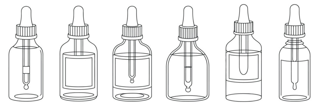 a set of cosmetic and skincare dropper bottle outline icons vector illustration.