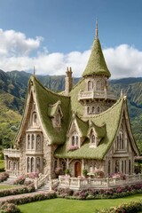 Fototapeta premium Enchanting fairy-tale house with green roof amidst mountains