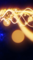 Glowing golden light waves with bokeh particles on dark background, creating a warm, dynamic, and elegant abstract energy composition
