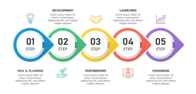 Infographic template for business. 5 Steps Modern Timeline diagram with arrow and topic for project planning, presentation vector infographic timeline.