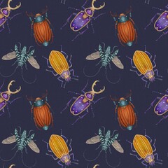 Seamless fabric pattern with a brightly colored watercolor insect on a dark background. © alekuwka83
