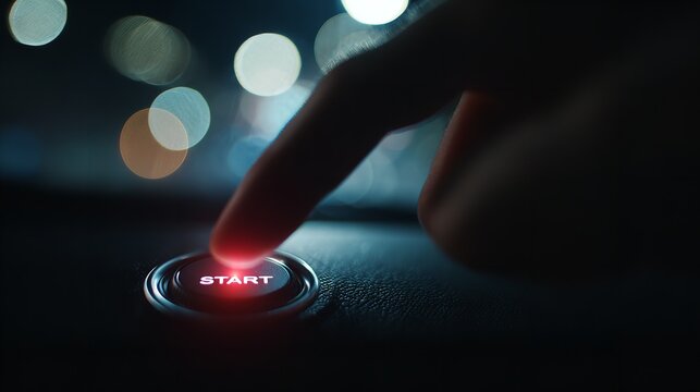 Finger Pressing Start Button in Car Interior