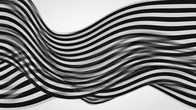 Abstract black and white wavy stripes flowing on a white background.