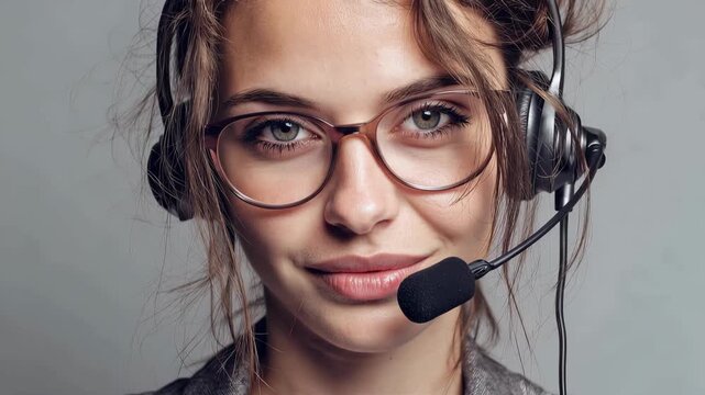 Customer support phone operator interacts with clients while wearing a headset and eyeglasses in a professional setting