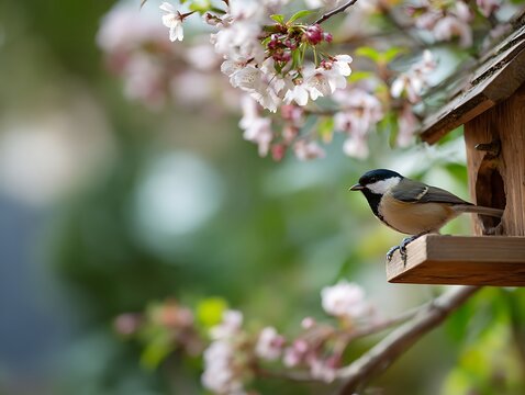 Great tit perched on wooden birdhouse under blooming branches. Spring garden scene with copy space for wildlife conservation campaigns and seasonal outdoor branding
