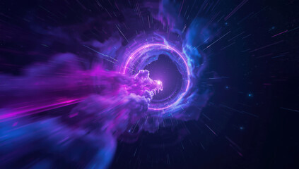 Obraz premium Purple nebula tunnel portal with streaking light and cosmic cloud motion